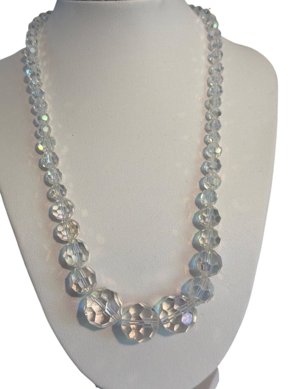 Vintage Clear Crystal AB Bead Necklace Graduated Silver Tone Adj 20" Estate